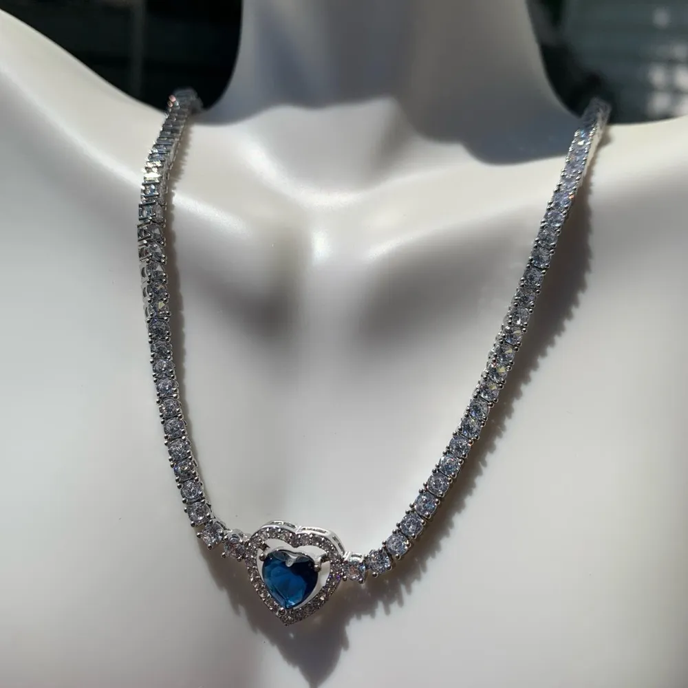 Stella Rose FINE SILVER PLATED diamond paved Tennis necklaces Blue Crystal Heart - Image 4
