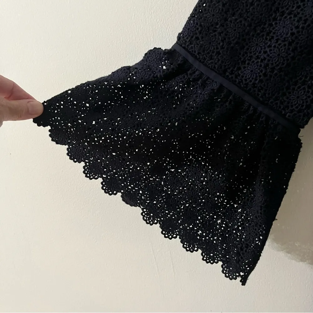 LAFAYETTE 148 New York Navy Blue Embroidered Bell Sleeve Lined Dress- Size L - Image 9