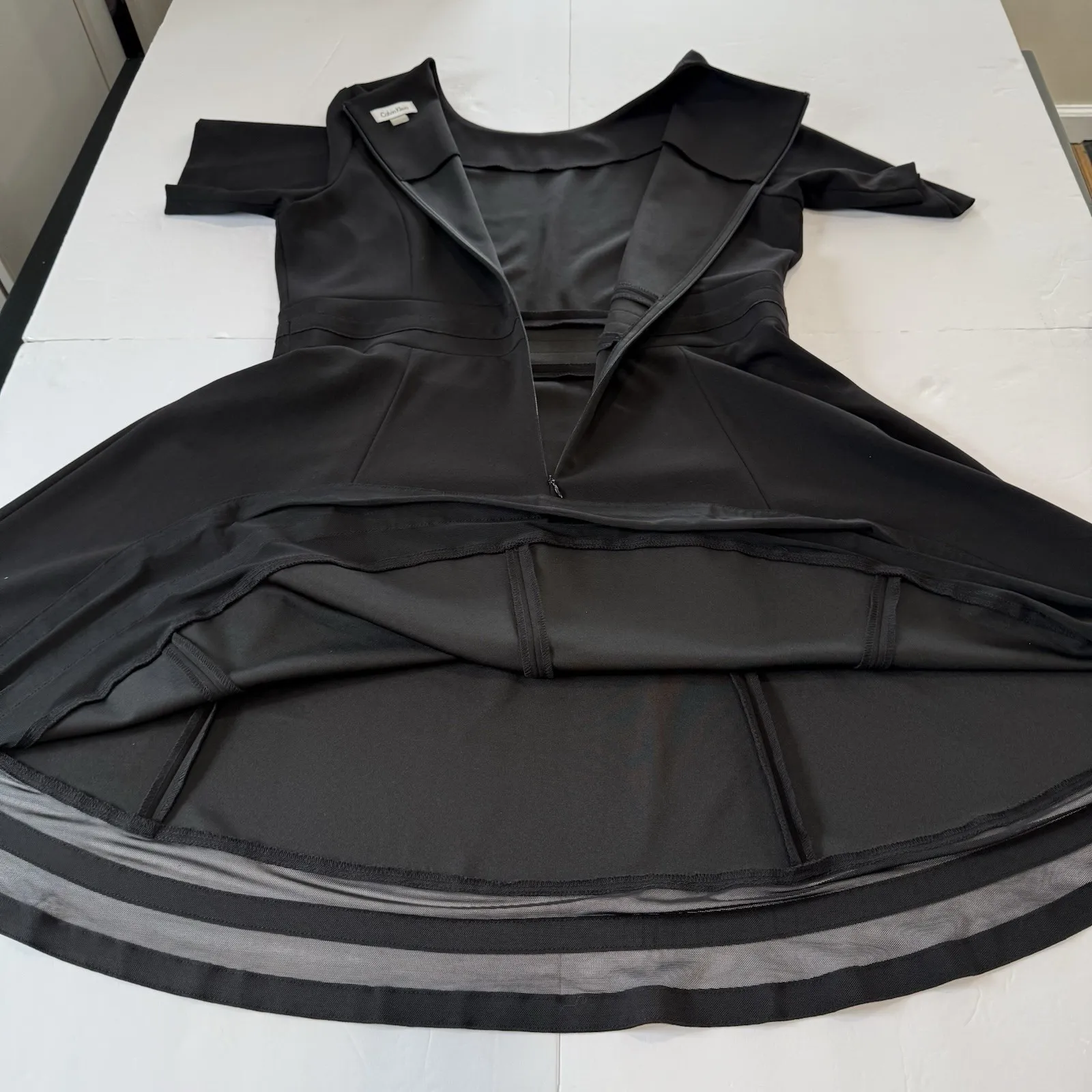 Calvin Klein Black Mesh Illusion Hem Flare Short Sleeve Crepe Dress Size‎ 14 - Image 8