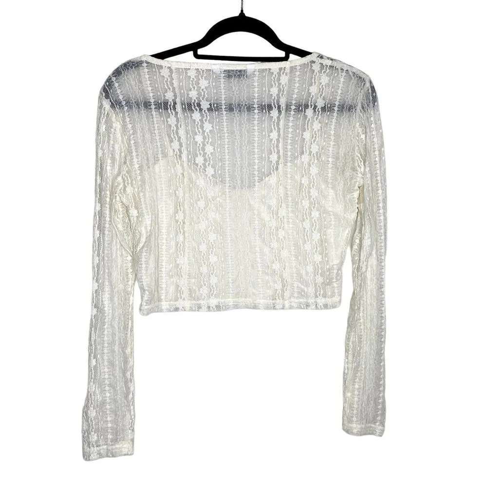 Stradivarius Floral Long Sleeve Sheer Sweetheart Lace Crop Top White Large Fairy - Image 12