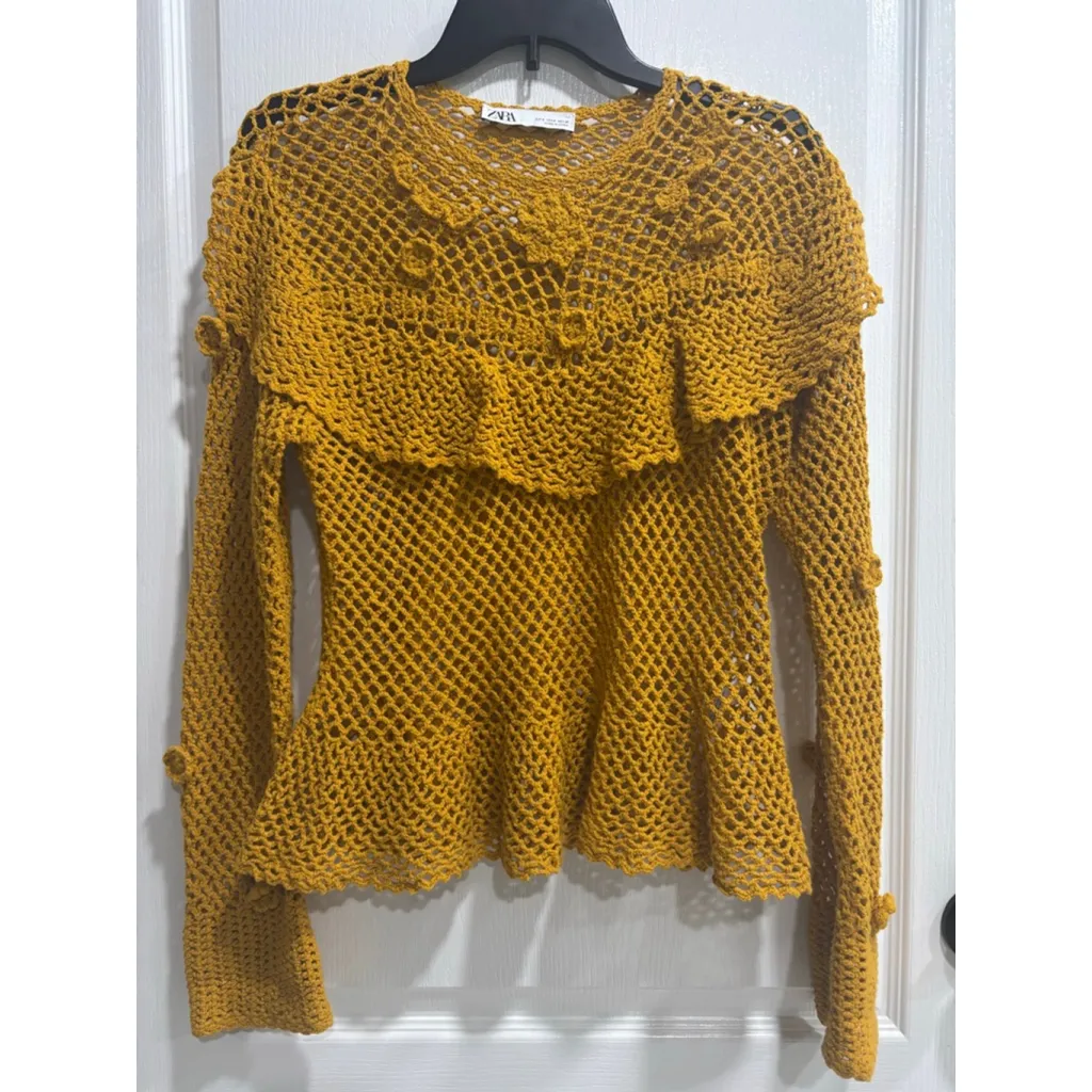 Zara Ruffled Crochet Knit Peplum Long Sleeve Top, Mustard, Women’s Size Small - Image 3