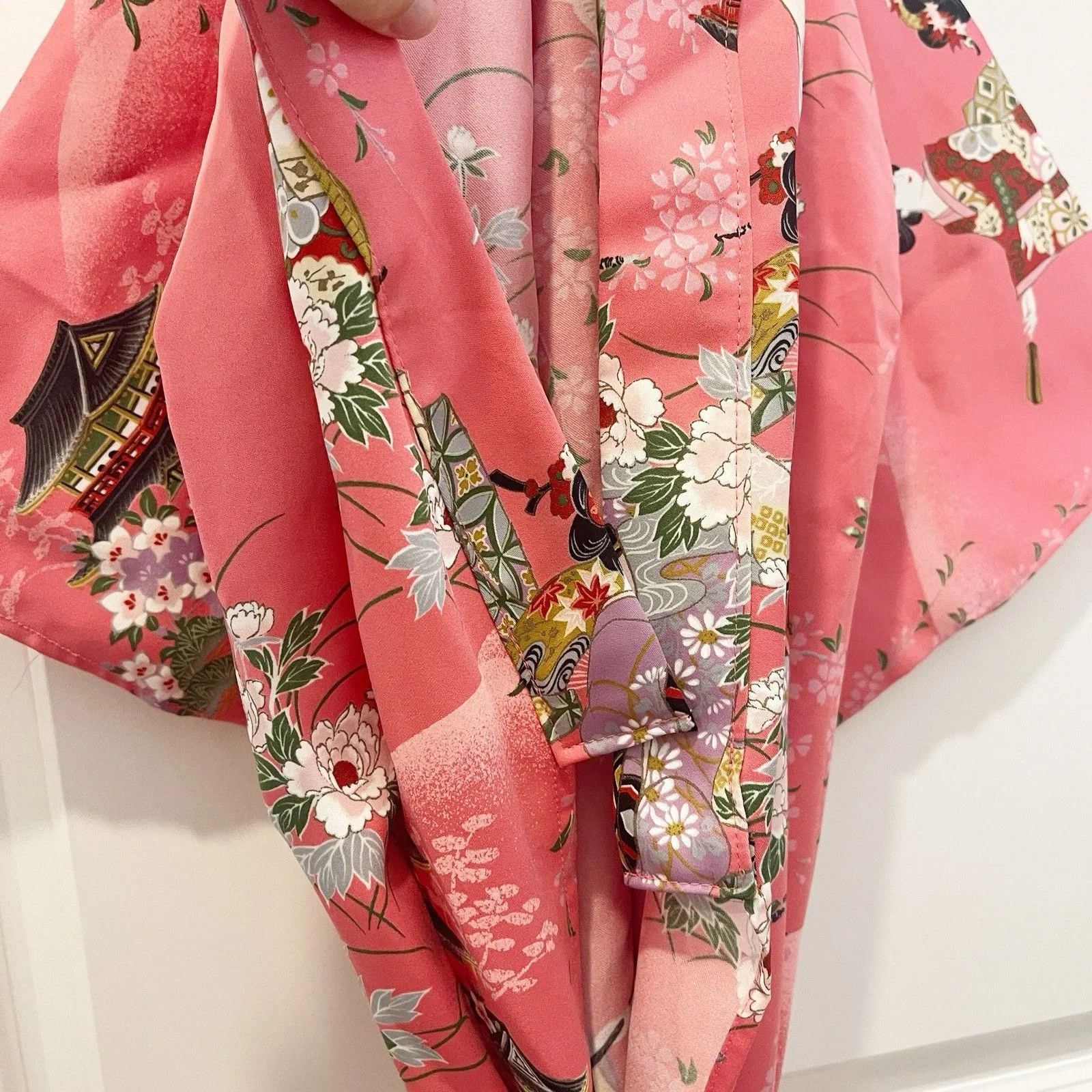 Japanese Kimono Robe Women’s Size 4.5 Pink Smoking Jacket Cherry Blossoms - Image 4