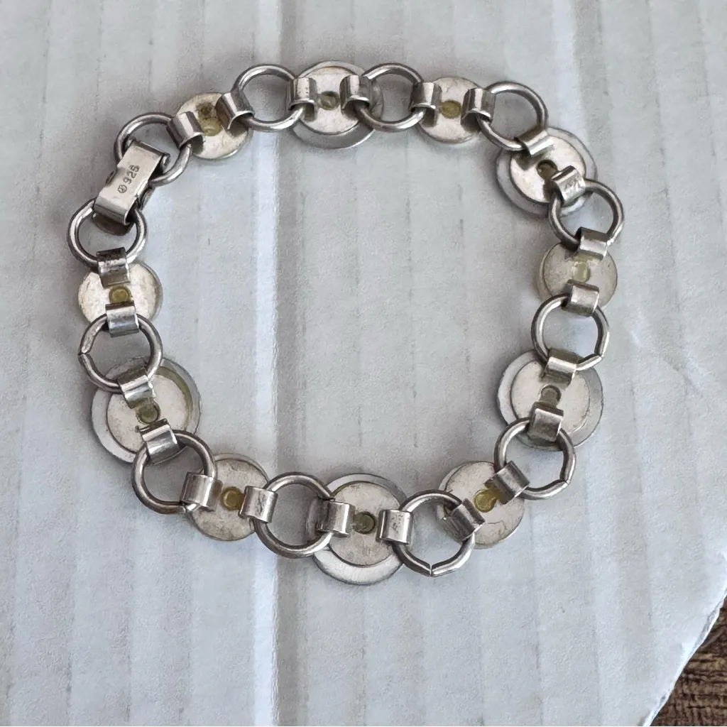 Sterling Silver‎ .925 Mother Of Pearl Cabochon Link Bracelet 7” Minimalist Silver - Image 7