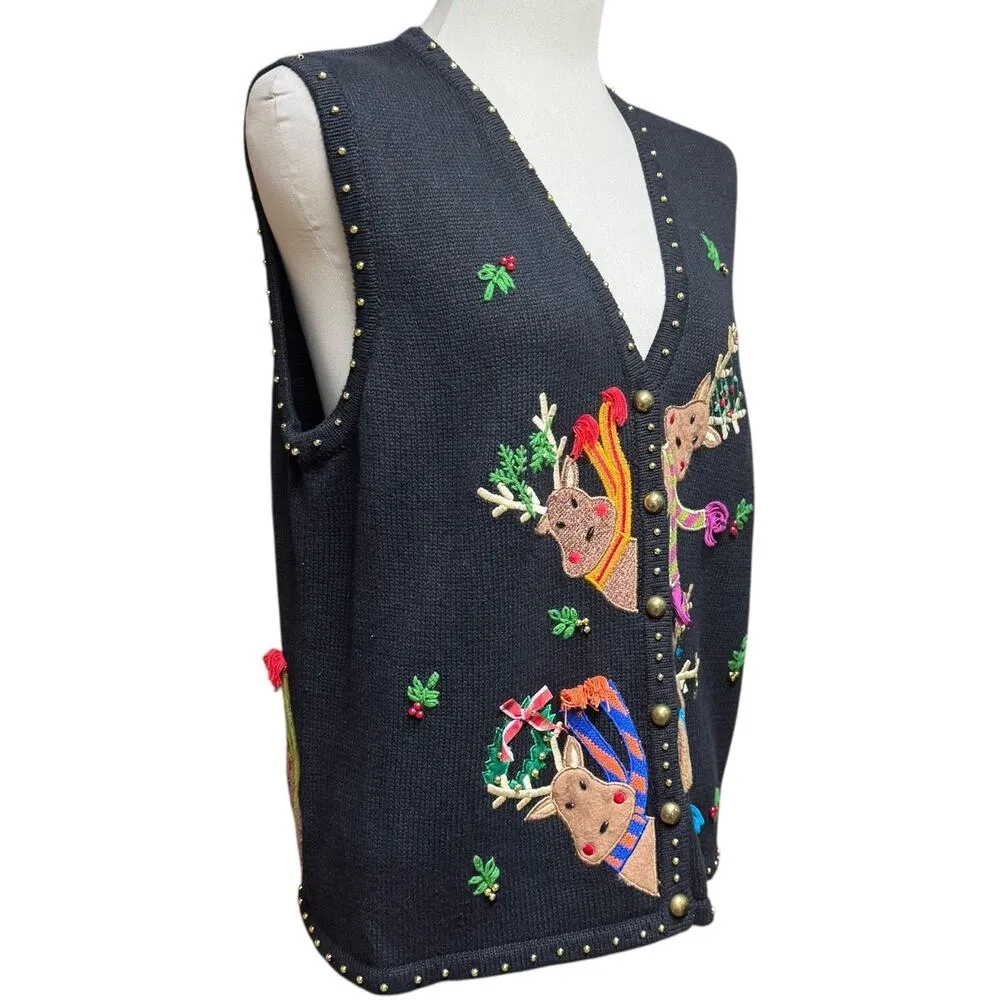 Hampshire Studio Snow Sweater Vest Reindeer Black XL - Image 8