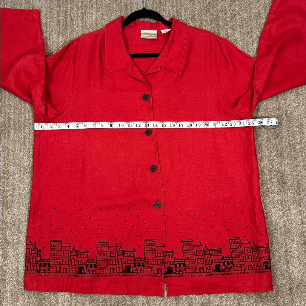 Coldwater Creek Linen Embroidered Cityscape Blouse Button 3/4 Sleeve Women 1X - Image 5