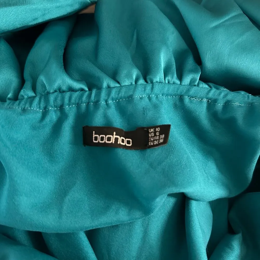 Boohoo Satin One Shoulder Extreme Ruffle Romper in Teal Size 6 - Image 2