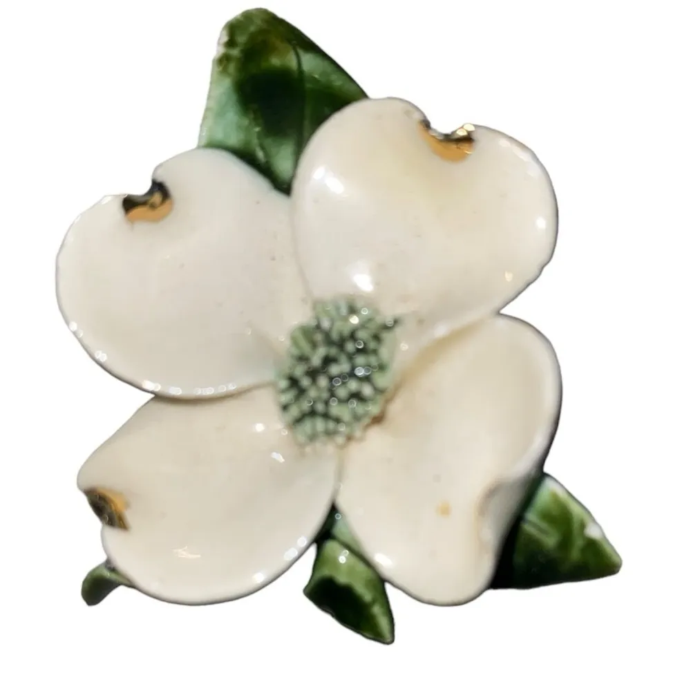 Vintage Ceramic White Green Gardenia Brooch Floral Feminine 50s mid century - Image 2