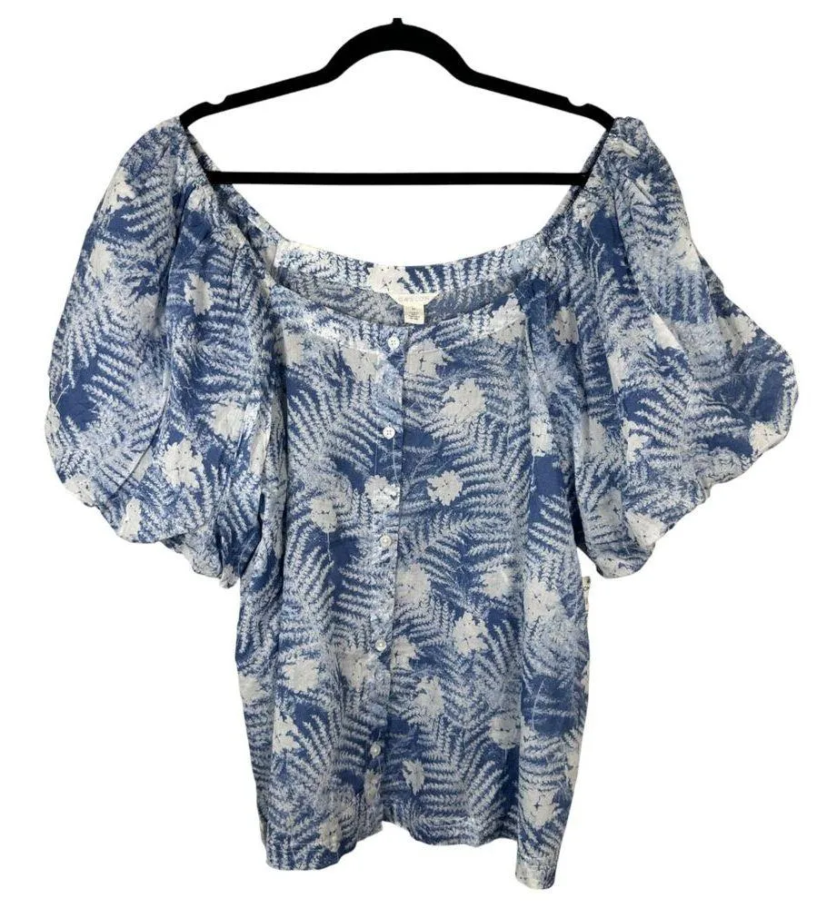 Caslon Print Puff Sleeve Organic Cotton Blue Moonlight Floral Ferns 2X NEW - Image 3
