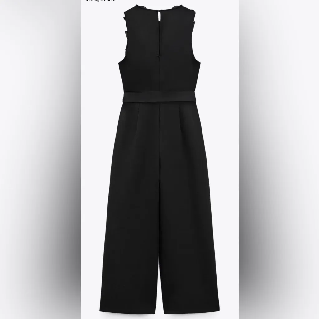 Zara Black Textured Ruffled Pleated Jumpsuit Wide Leg Tie Waist Sleeveless L - Image 12