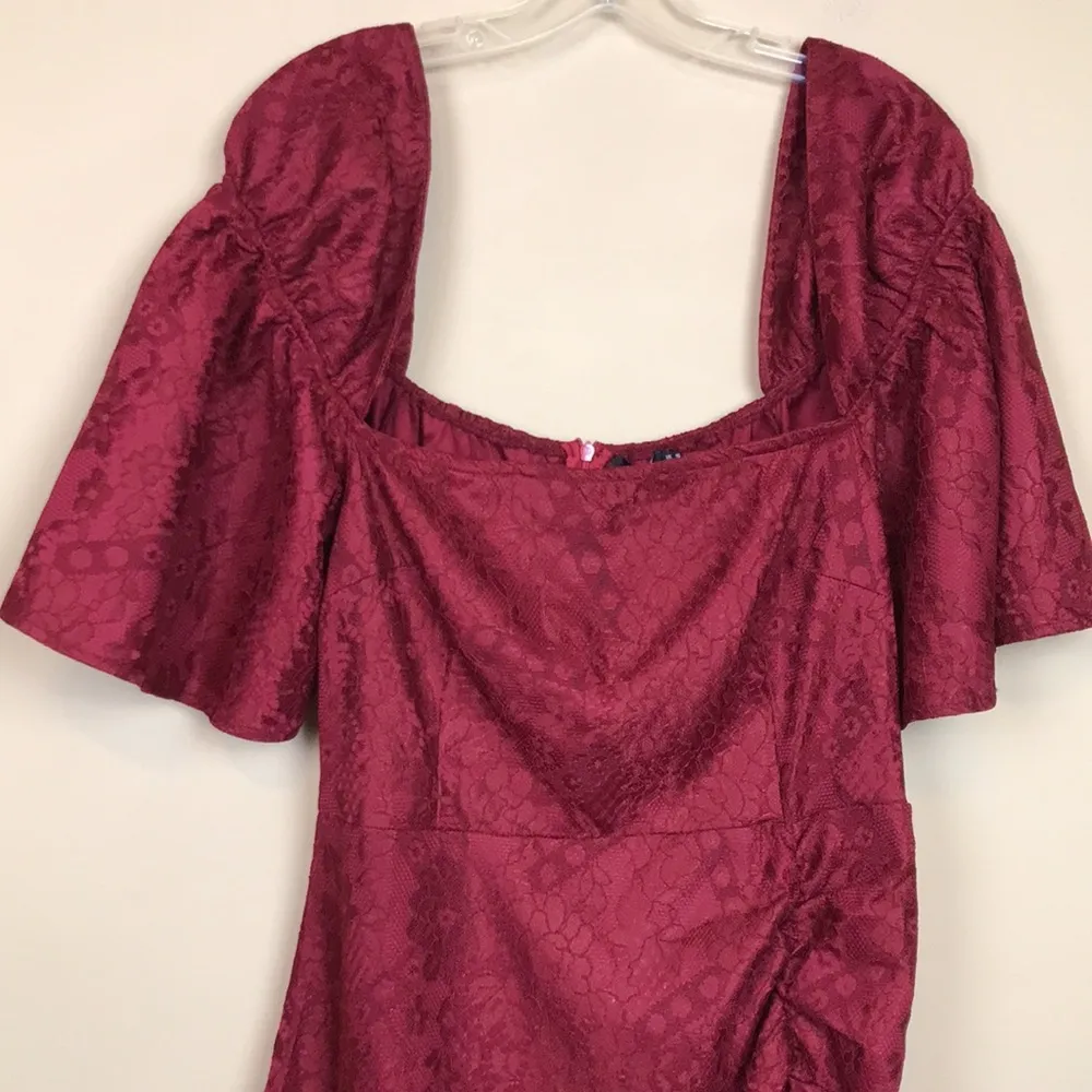 NWT PRETTYLITTLETHING Women’s Scarlet Red Lace Frill Hem Bardot Skater Dress - Image 2