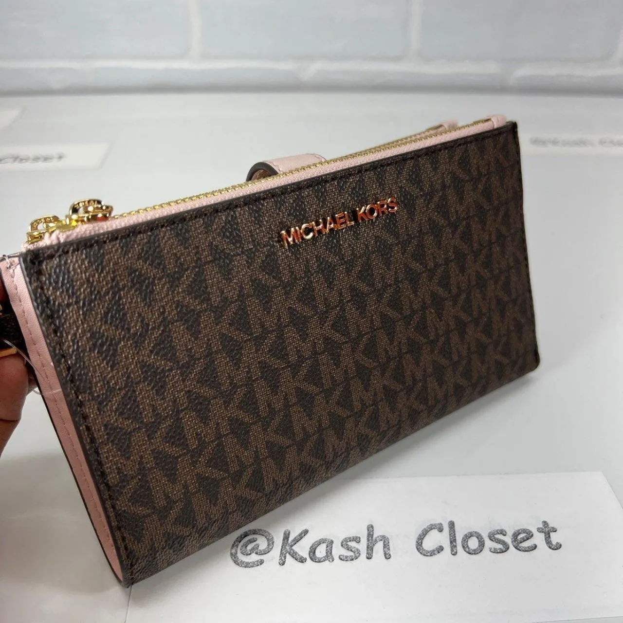 Michael Kors PowderBlush Brown Double Zip Wristlet Large Wallet - Image 4