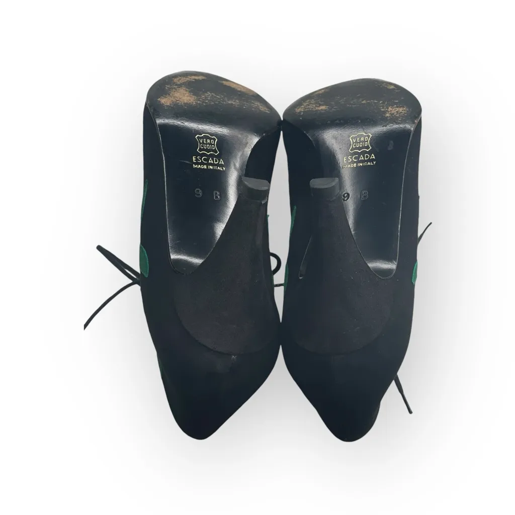 Vintage: Escada 𒀭 Lace Up Granny Heeled Ankle Booties 𒀭Black + Green Suede 𒀭9 Black - Image 13