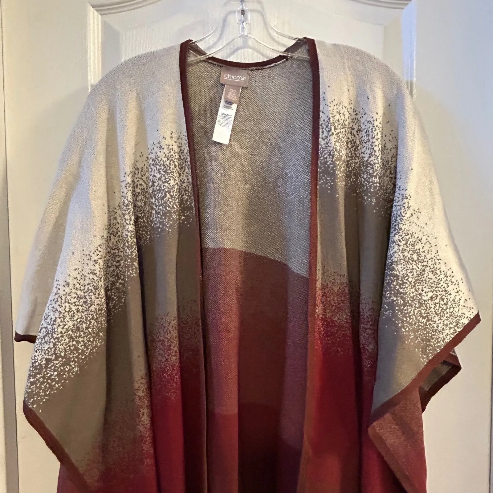 Chicos OS One Size Ombre Speckle Knit Poncho Wrap Cardigan Burgundy Grey - Image 5