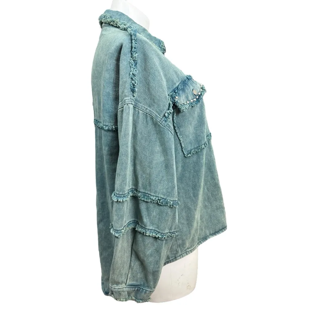 POL Frayed Denim Shacket Jacket Size L Blue Snap Front Distressed Western Style - Image 5