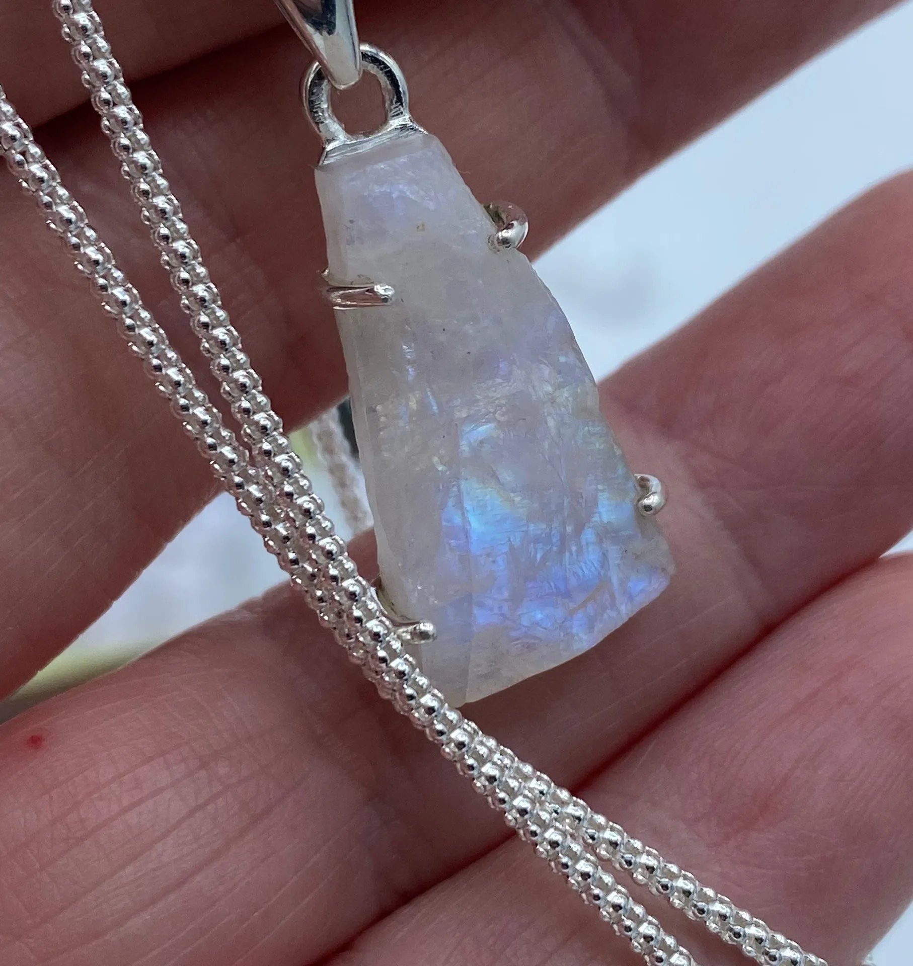 Rainbow Moonstone Rough Solid Sterling Silver Pendant On Popcorn Chain - Image 4