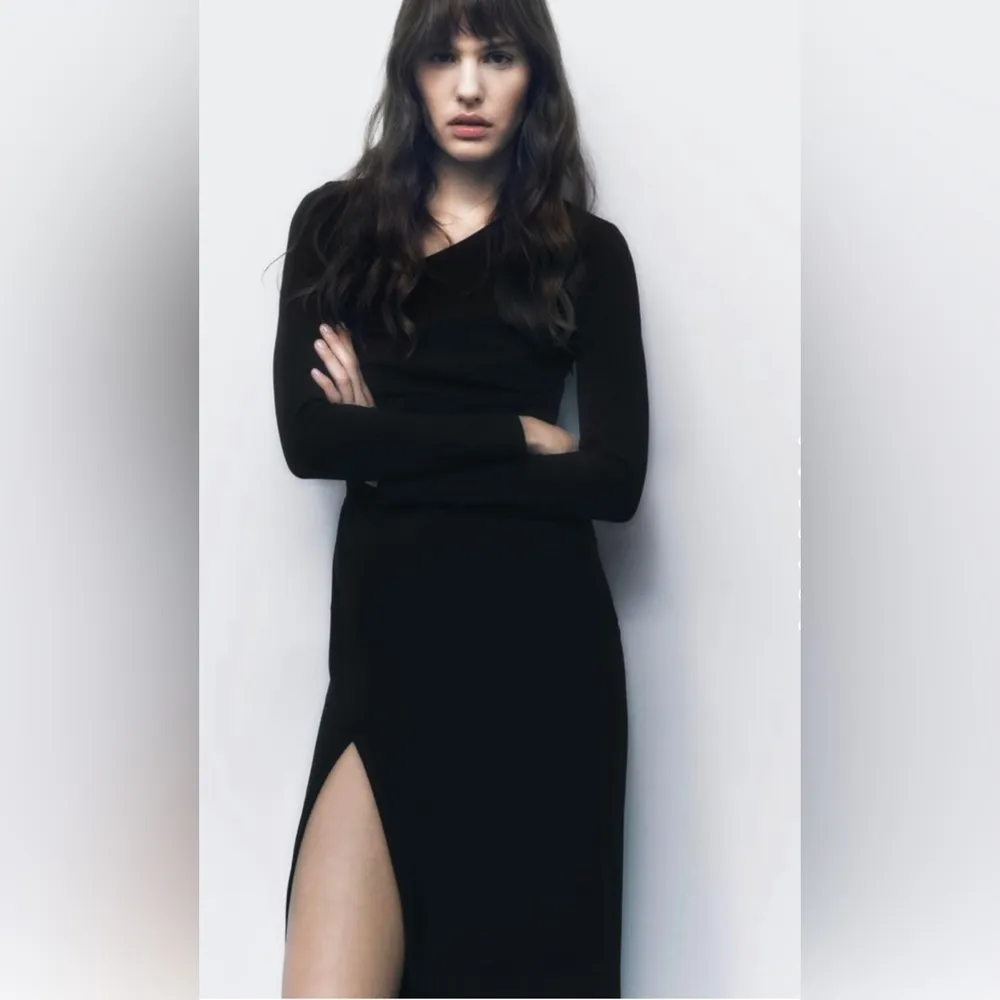 Zara Blogger’s Favorite Black Asymmetric Neck Midi Slit Draped Dress Size M - Image 6