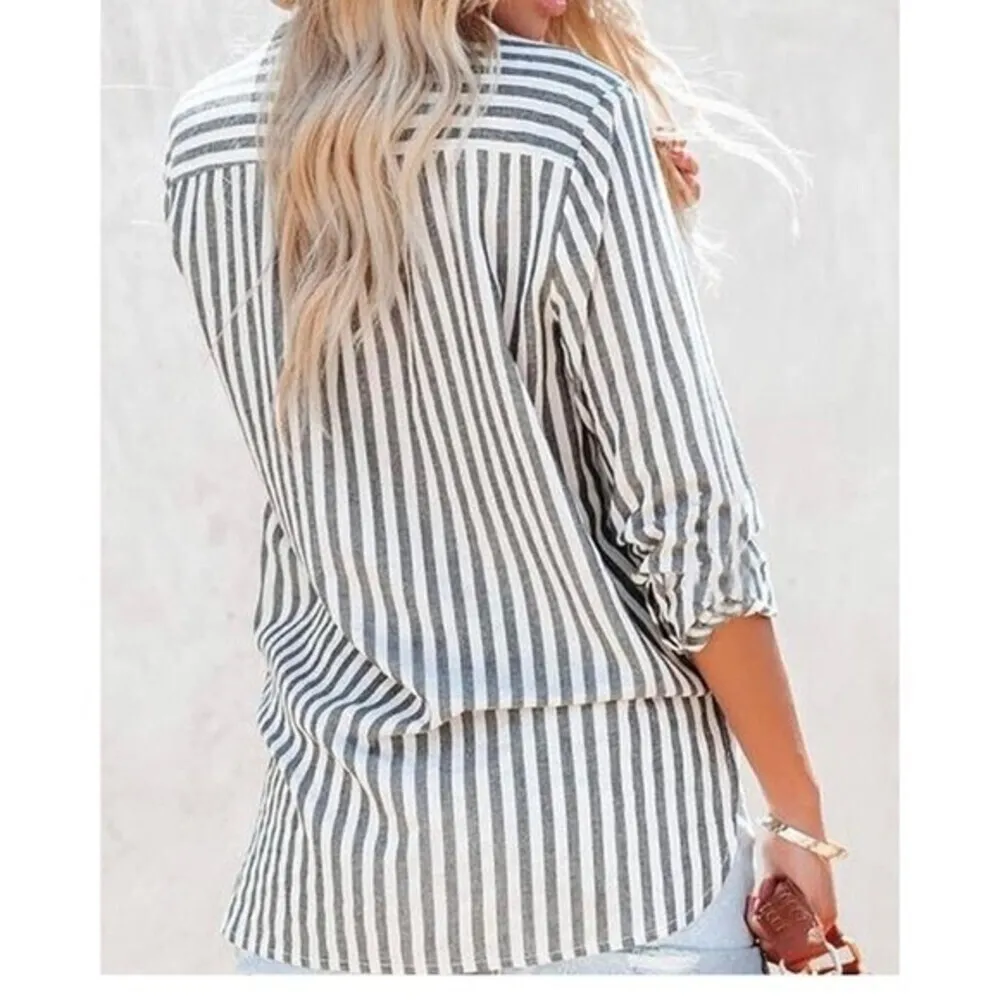 Women's Black Striped Button Down Shirts Casual Long Sleeve Stylish Tops. - Image 4