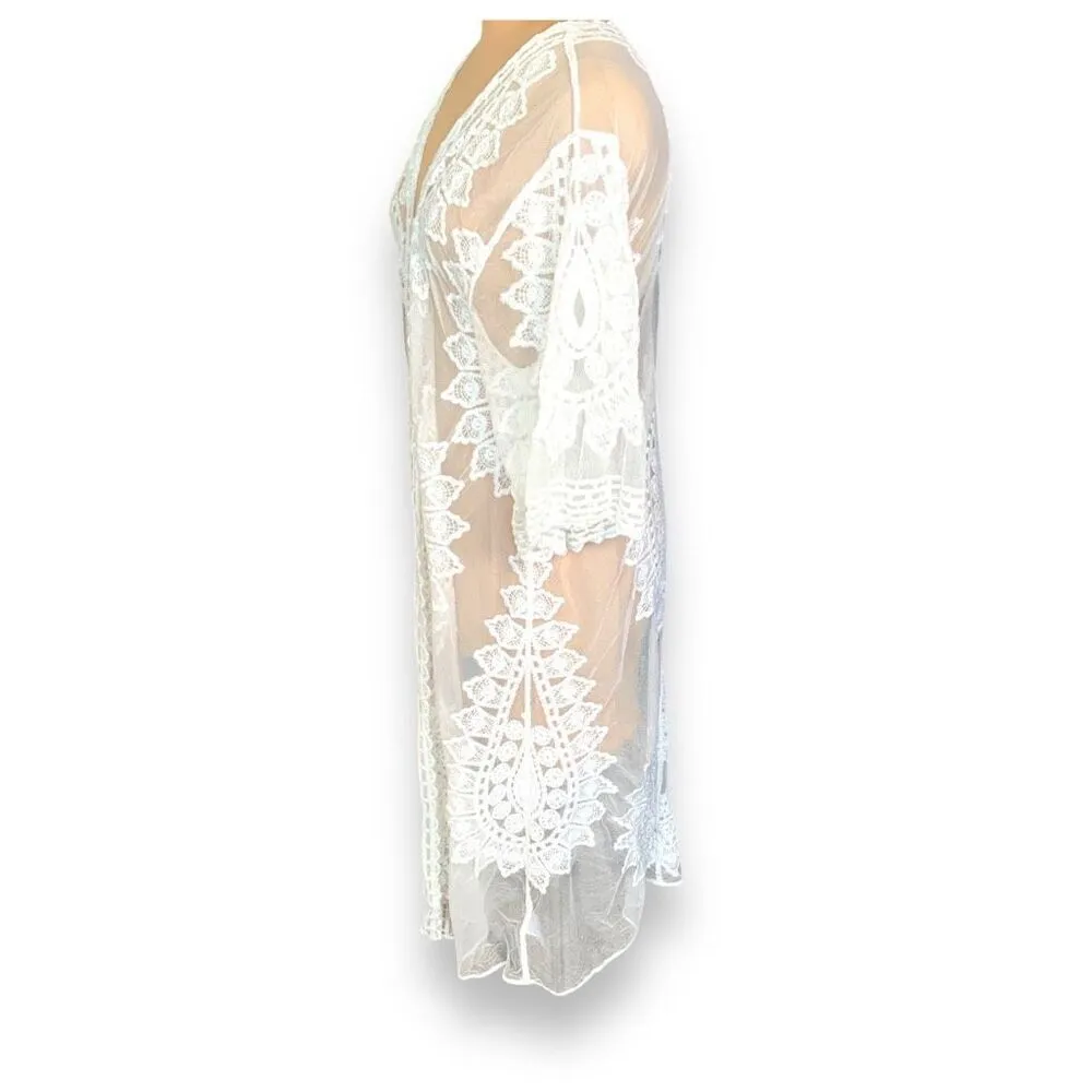 Rachel Zoe Kimono Sheer White Embroidered Lace Long Open Front Boho Swim Coverup - Image 7
