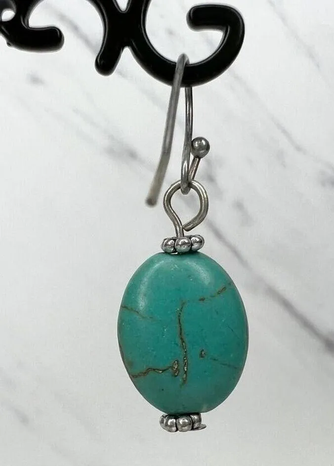 Silver Tone Faux Turquoise Beaded Dangle Earrings Pierced Pair - Image 6