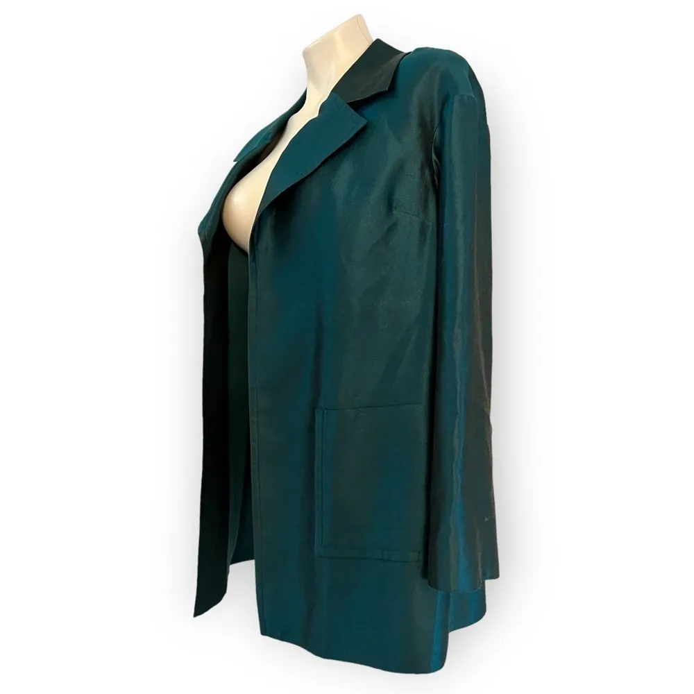 ST. JOHN COUTURE Sharkskin Silk Wool Blend Teal Open Front Jacket Blazer Size 8 - Image 3