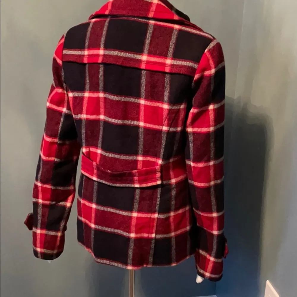 American Eagle Red & Navy Plaid Wool Pea Coat Medium - Image 5