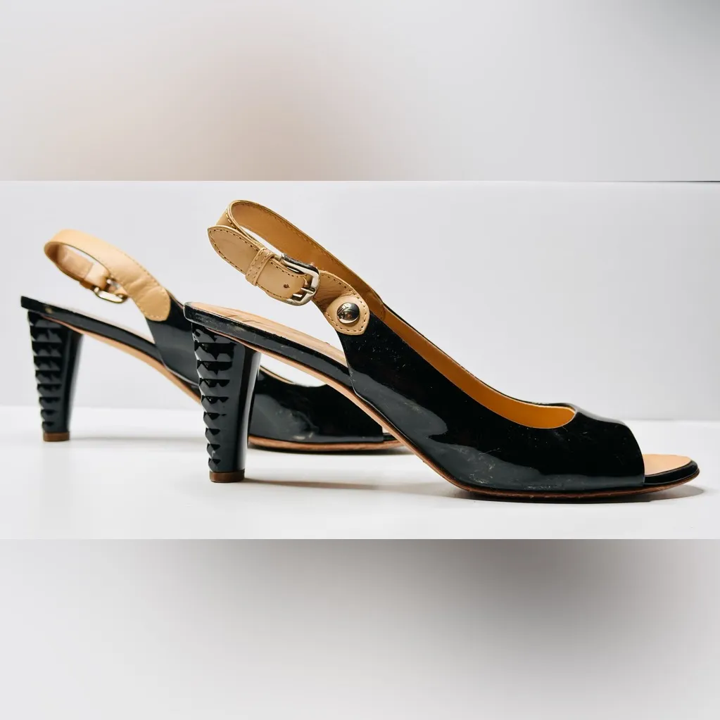 Giuseppe Zanotti Black Patent Leather Tan Slingback Open Toe Heels Sandals Shoes - Image 3