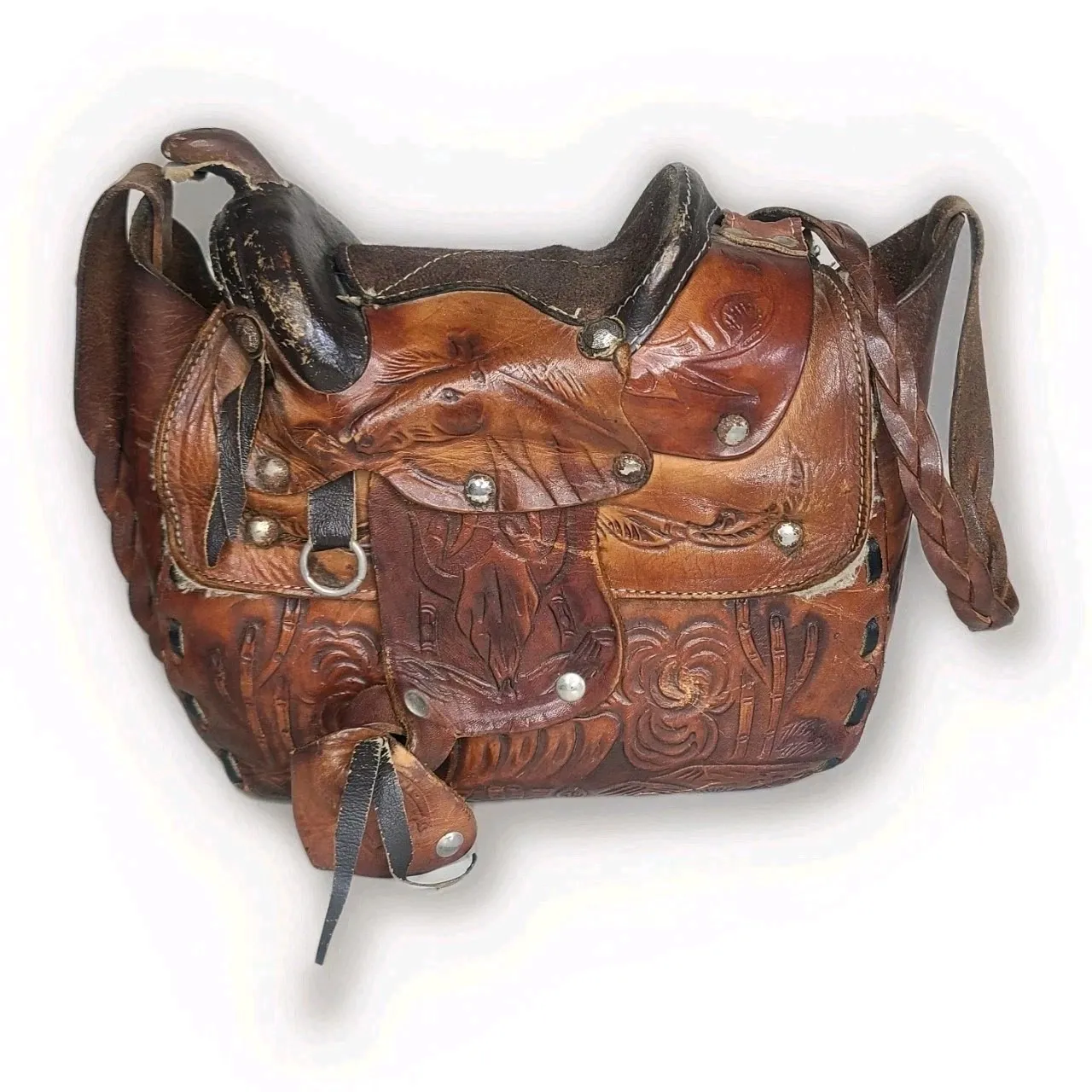 Vintage Saddle Bag Purse Tooled Leather Stirrups Horse Theme Mexico Brown - Image 4