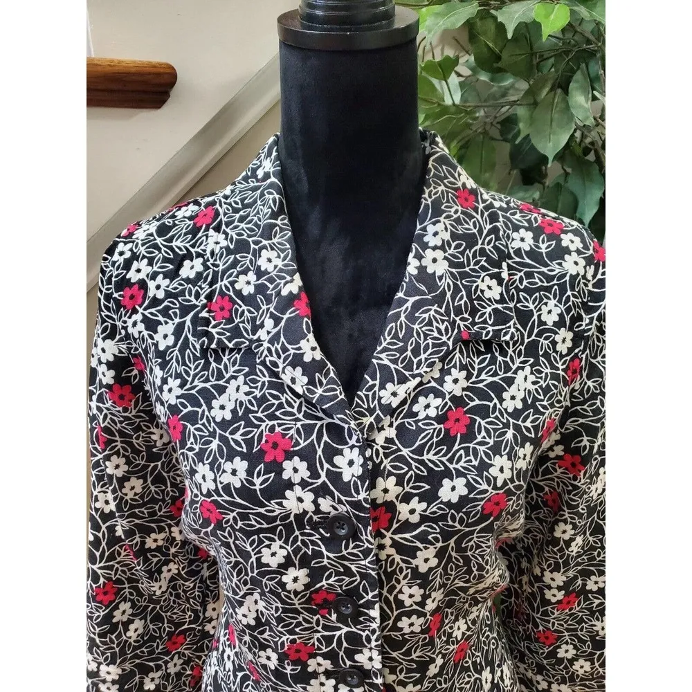 Kim Rogers Women's Black Floral Linen Collared Long Sleeve Button Down Shirt 12 - Image 2