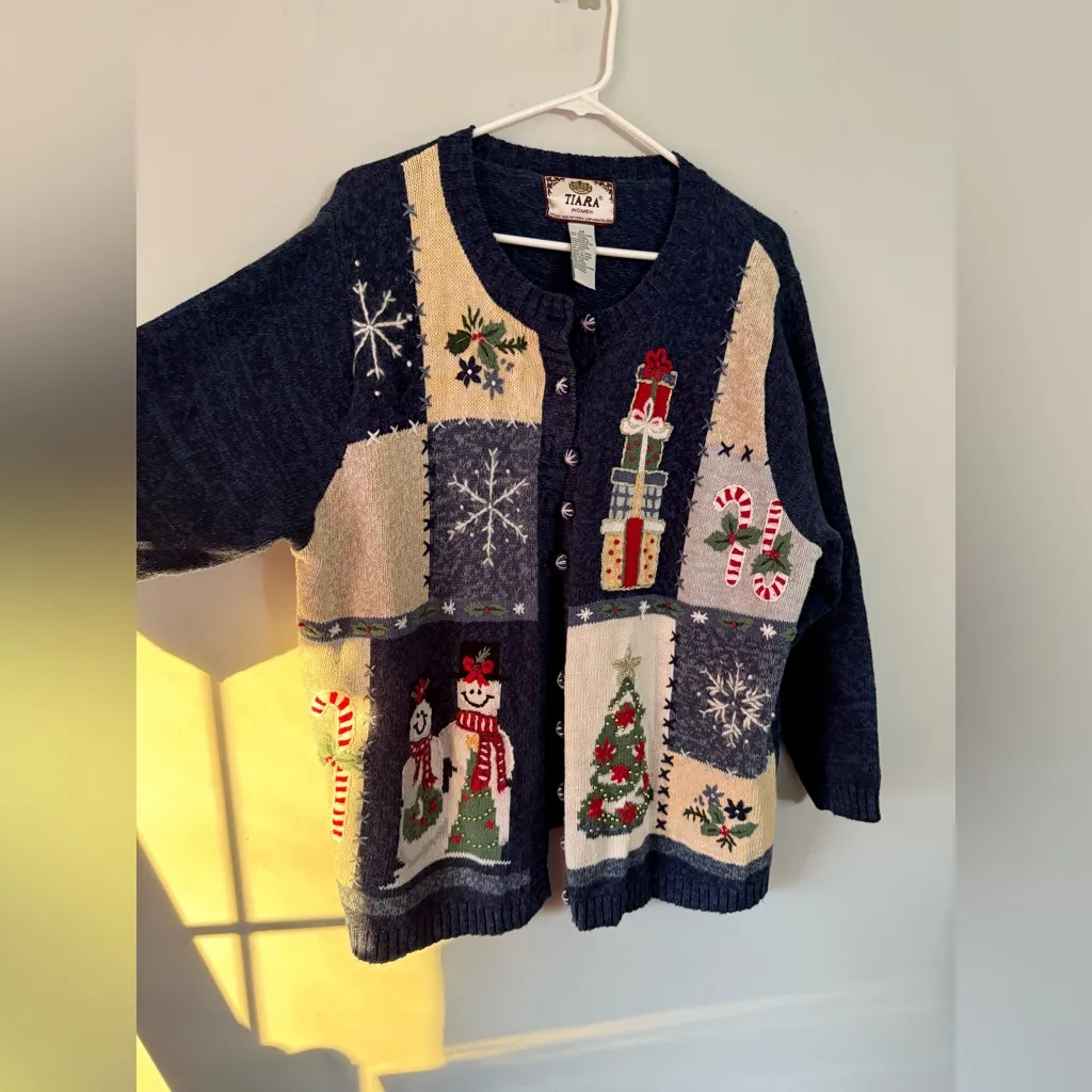 VTG Tiara Navy Blue Holiday Christmas Sweater Snowman Hippie Boho Multi Color 2X - Image 6