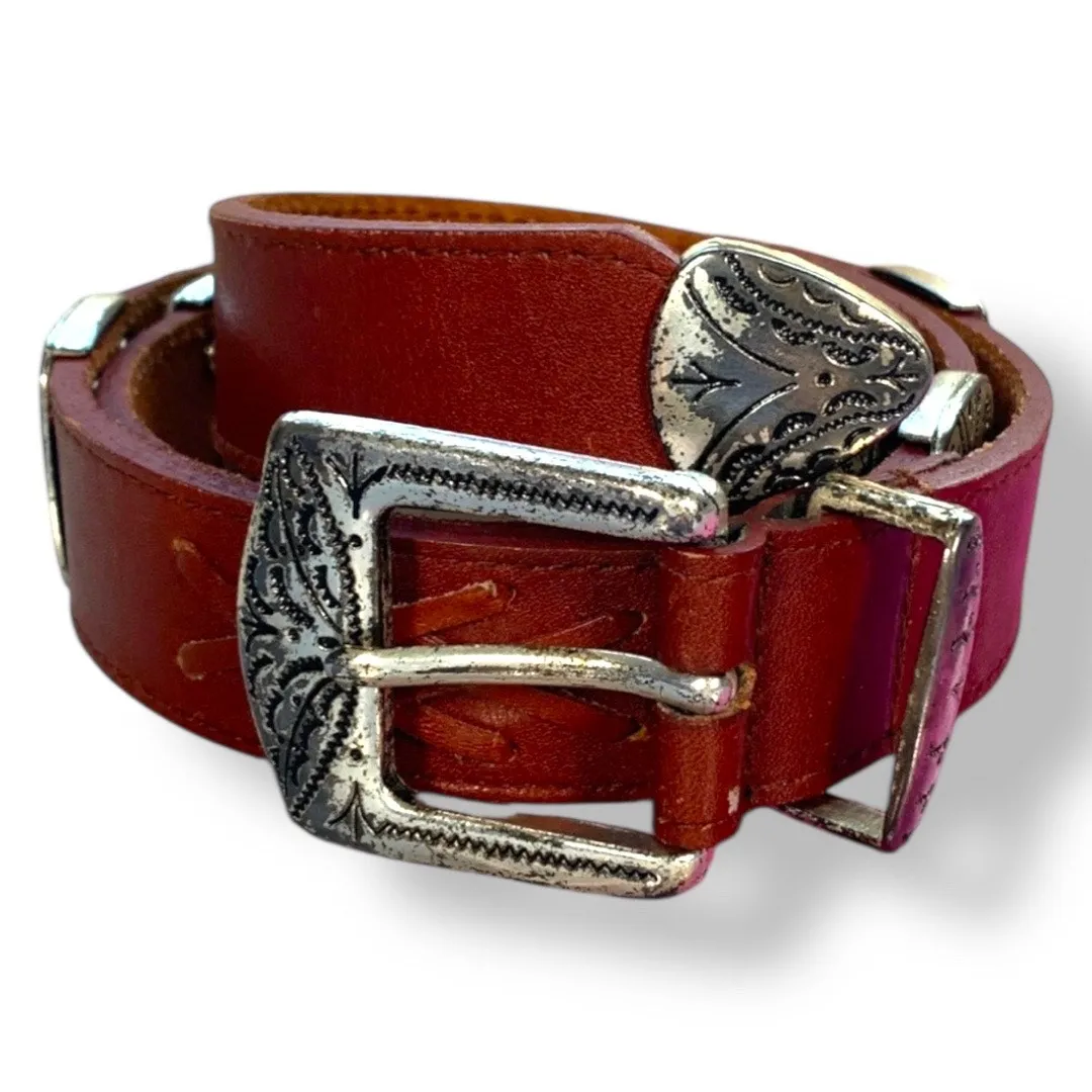Vintage Latigo Full Grain Leather Belt Concho Accents Western Tooled Silver - Image 1