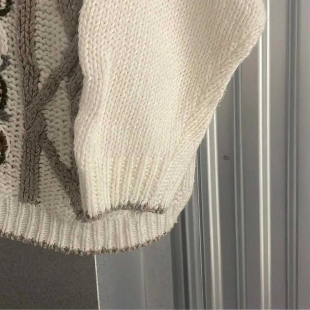 Vintage Huntington Ridge Cable Knit Sweater Embroidered Grannycore Academia White Size M - Image 3