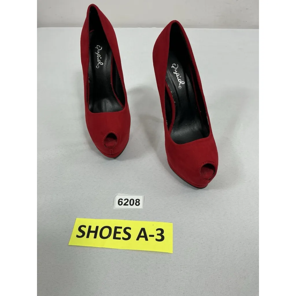 Womans Qupid Stiletto Pumps 6.5 Red Peep Toe - Image 3