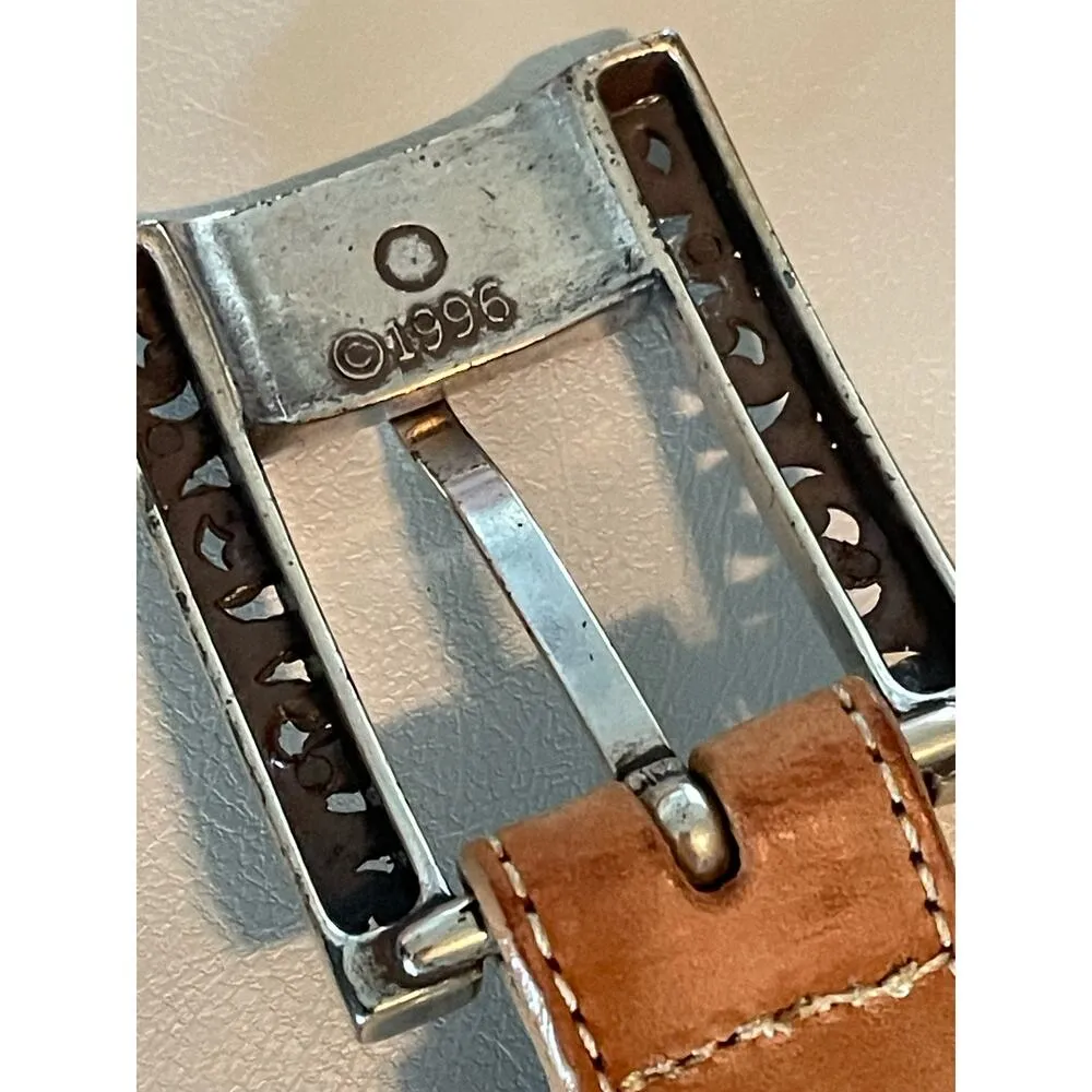 Brighton 90s Vintage Tan Leather Decorative Silver Buckle Belt S - Image 7