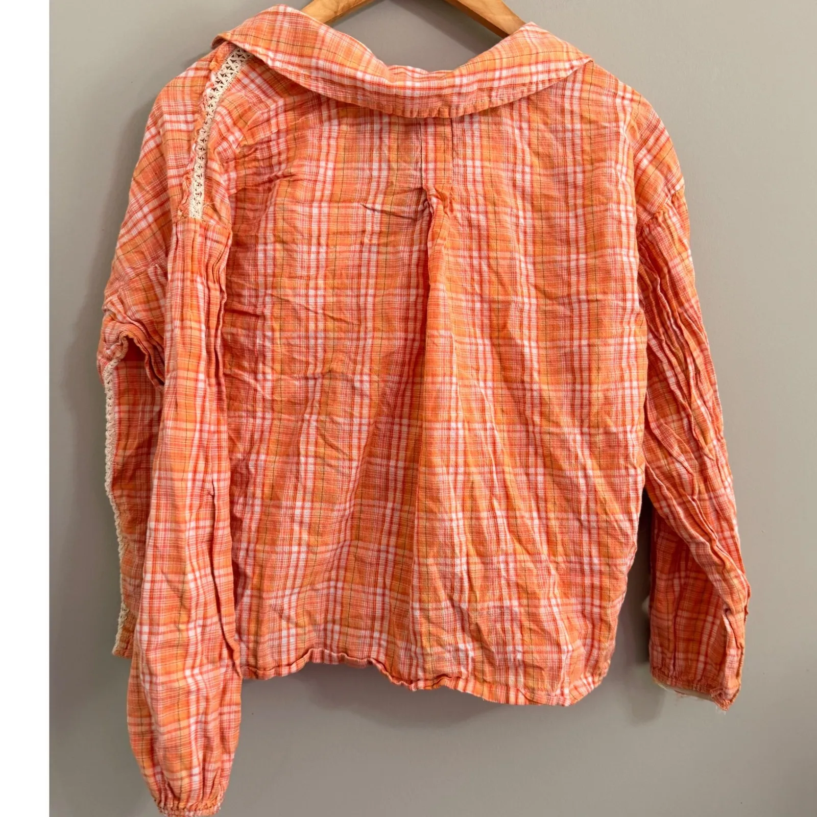 Free People Orange Plaid Crochet Trim Gauzy Long Sleeve Button Up Shirt Women - Image 4