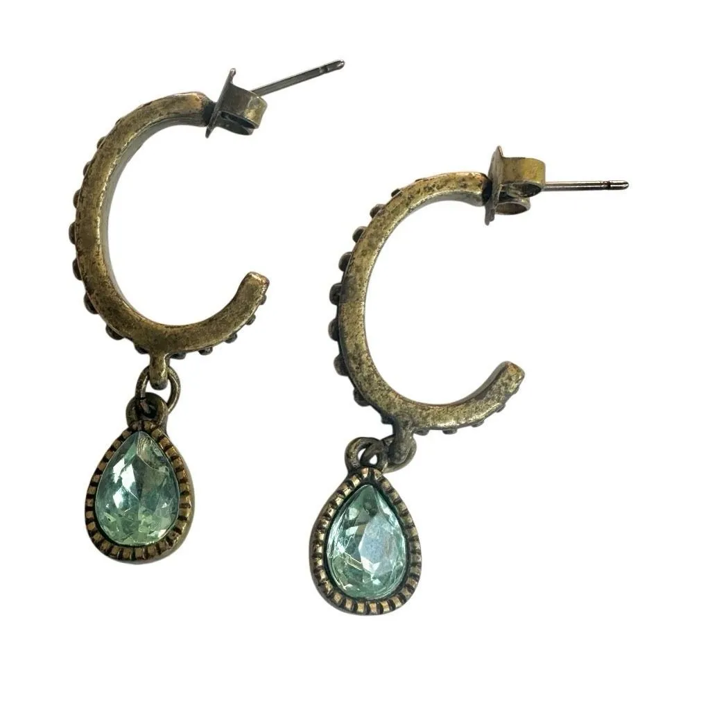Vintage Avon Style Bronze Hoop Earrings w/ Aqua Crystal Drop - Image 5