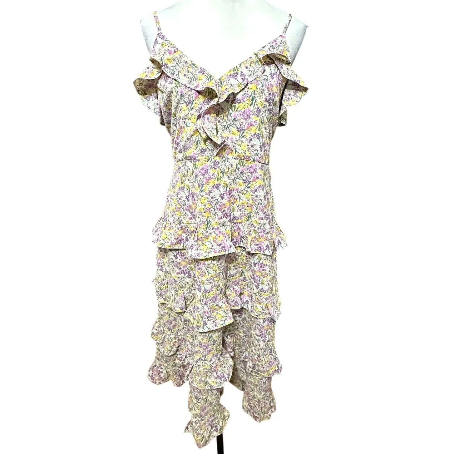 Lush Maxi Sundress Boho Tiered Ruffle Adjustable Straps Yellow/Lavender W L NWT - Image 2