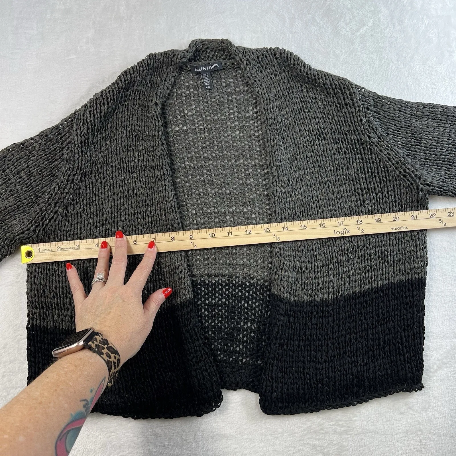 EILEEN FISHER L Large Cardigan Sweater Open Front Chunky Knit 3/4 Sleeve Shimmer - Image 6