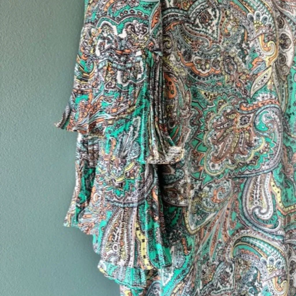 EST. 1946 Shift Dress Lg Paisley Teal Trumpet 3/4 Sleeve Boho Romantic Statement Blue - Image 3