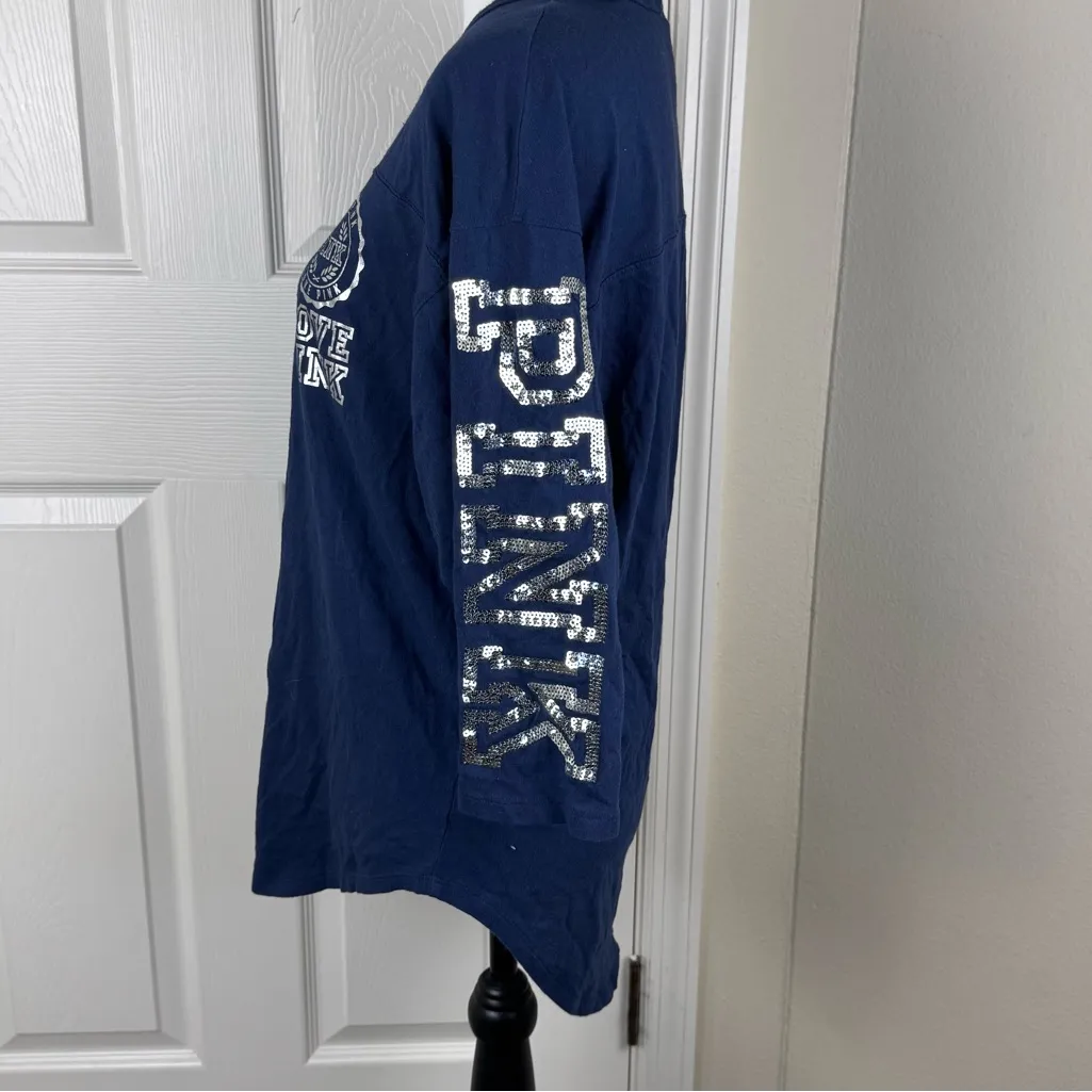 PiNK Victoria’s Secret Oversized Navy Sequins Bling Love Pink Graphic Tee Shirt - Image 3