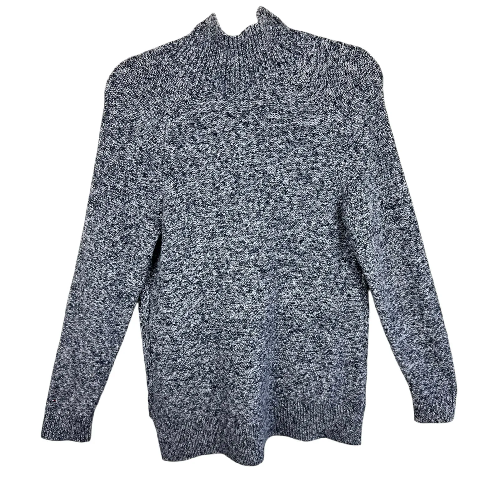 Tommy Hilfiger Blue White Heather Chunky Knit 1/2 Zip Mock Neck Sweater Womens L - Image 2