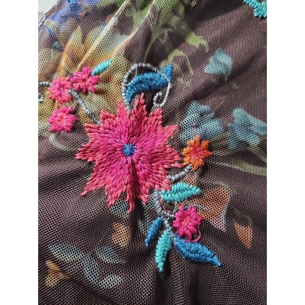 NWT BIYA Johnny Was Sheer Printed Mesh Shift Embroidered Dress w/ Slip M - Image 6