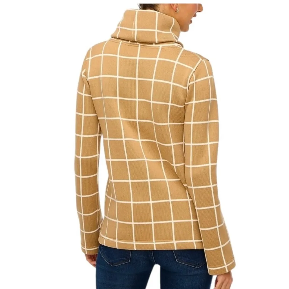 J. Crew Windowpane Fleece Lined Funnelneck Pullover Sweater Camel Tan Size M Size M - Image 3