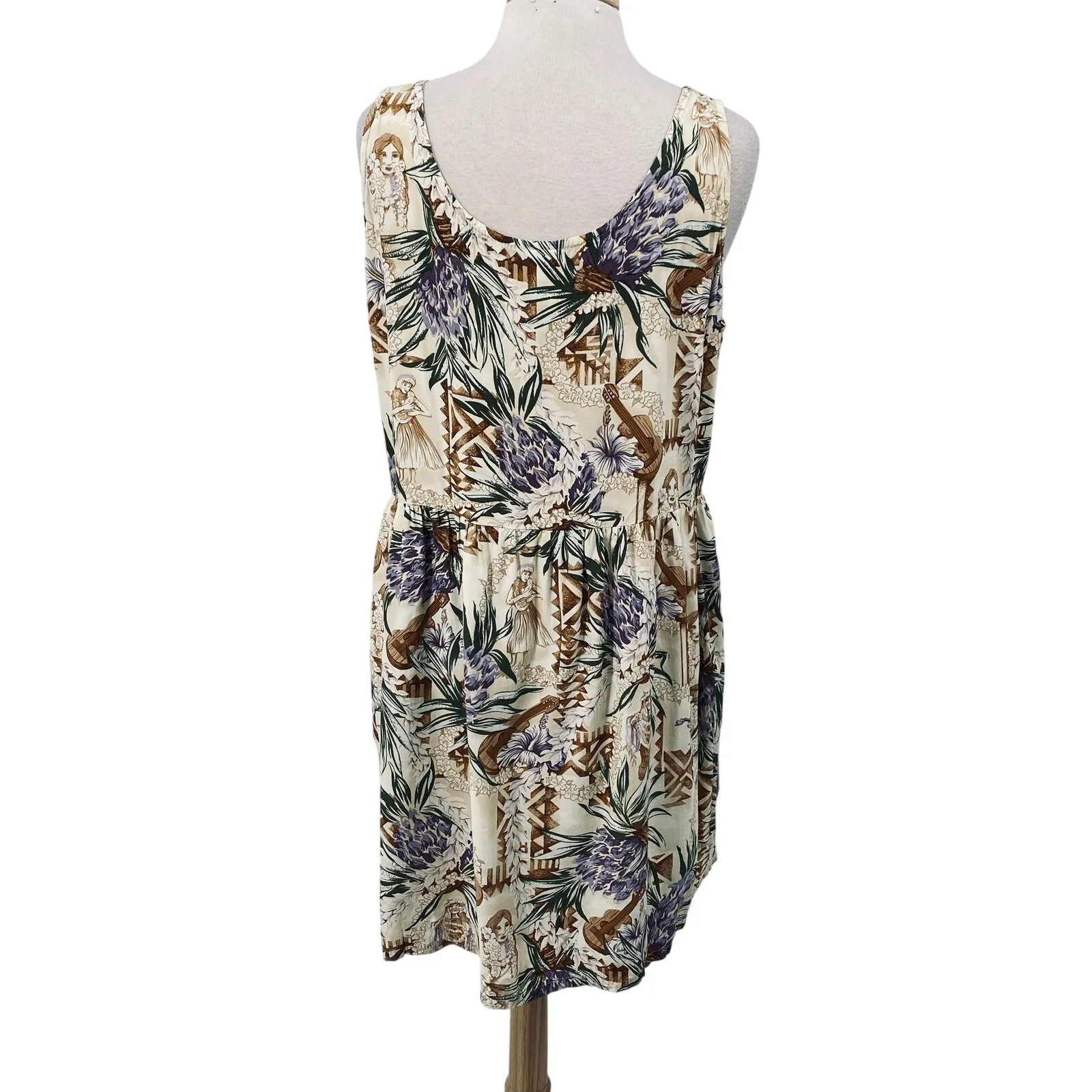 Vintage 90s Hawaiian Print Mini Dress Hula Girl Ukulele Pockets Babydoll 16 XL Brown - Image 7