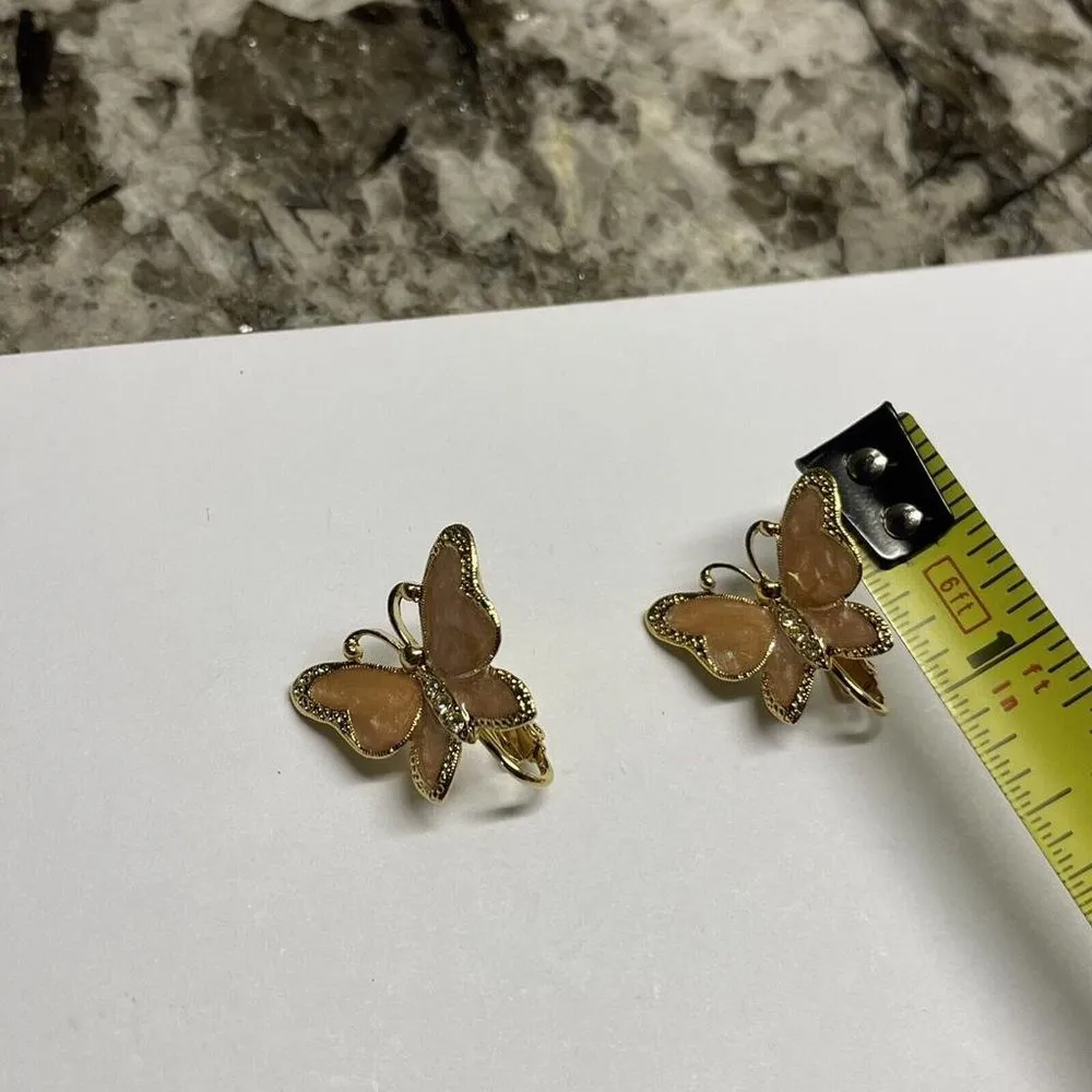 Women's Clip On Earrings Gold Tone Butterfly Insect Pink Enamel / Rhinestone - Image 6