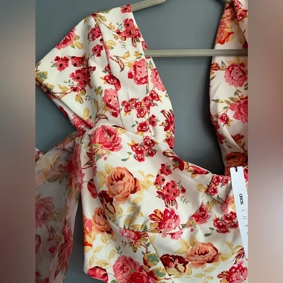 ASOS DESIGN Fallen Shoulder Top w/ Organza Sleeve in Pink Floral Print SZ 14 NWT - Image 5