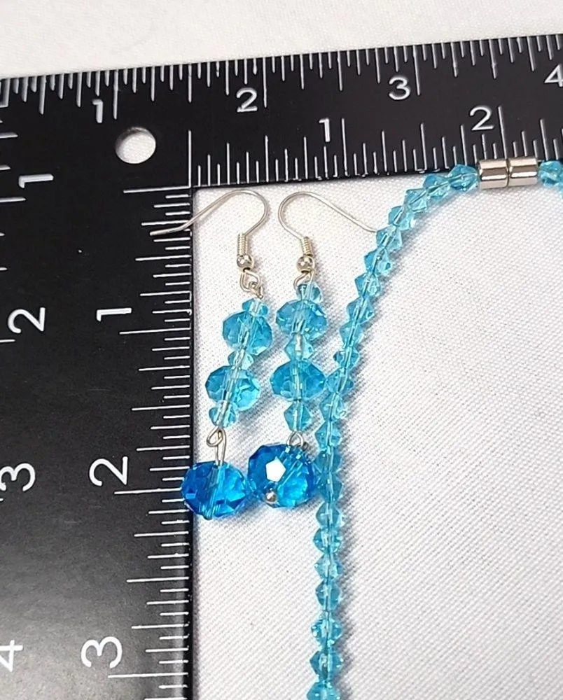 Aqua Blue Cut Crystal Faceted Rondelle Bead Necklace Bracelet Earrings Set - Image 6