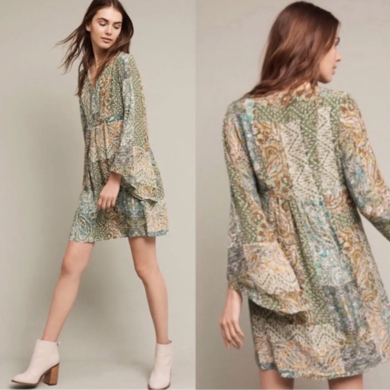 Anthropologie‎ Floreat Amelie Paisley 100% Silk Bell Kimono Sleeve Dress Size 8 - Image 2