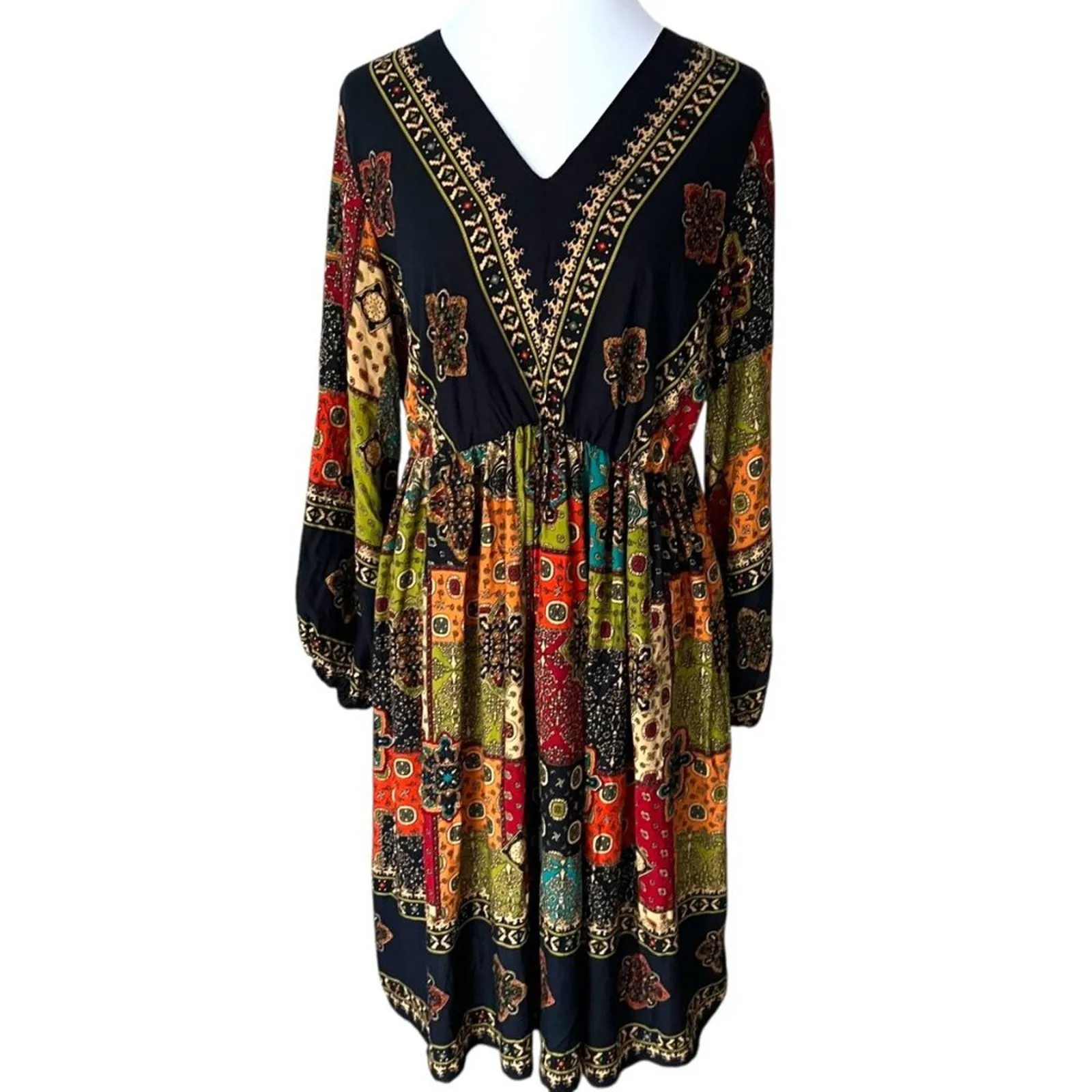 Boho Dress XL Long Sleeve 0X Patchwork 14 Vintage Style Bohemian Emery Rose XXL Black - Image 14