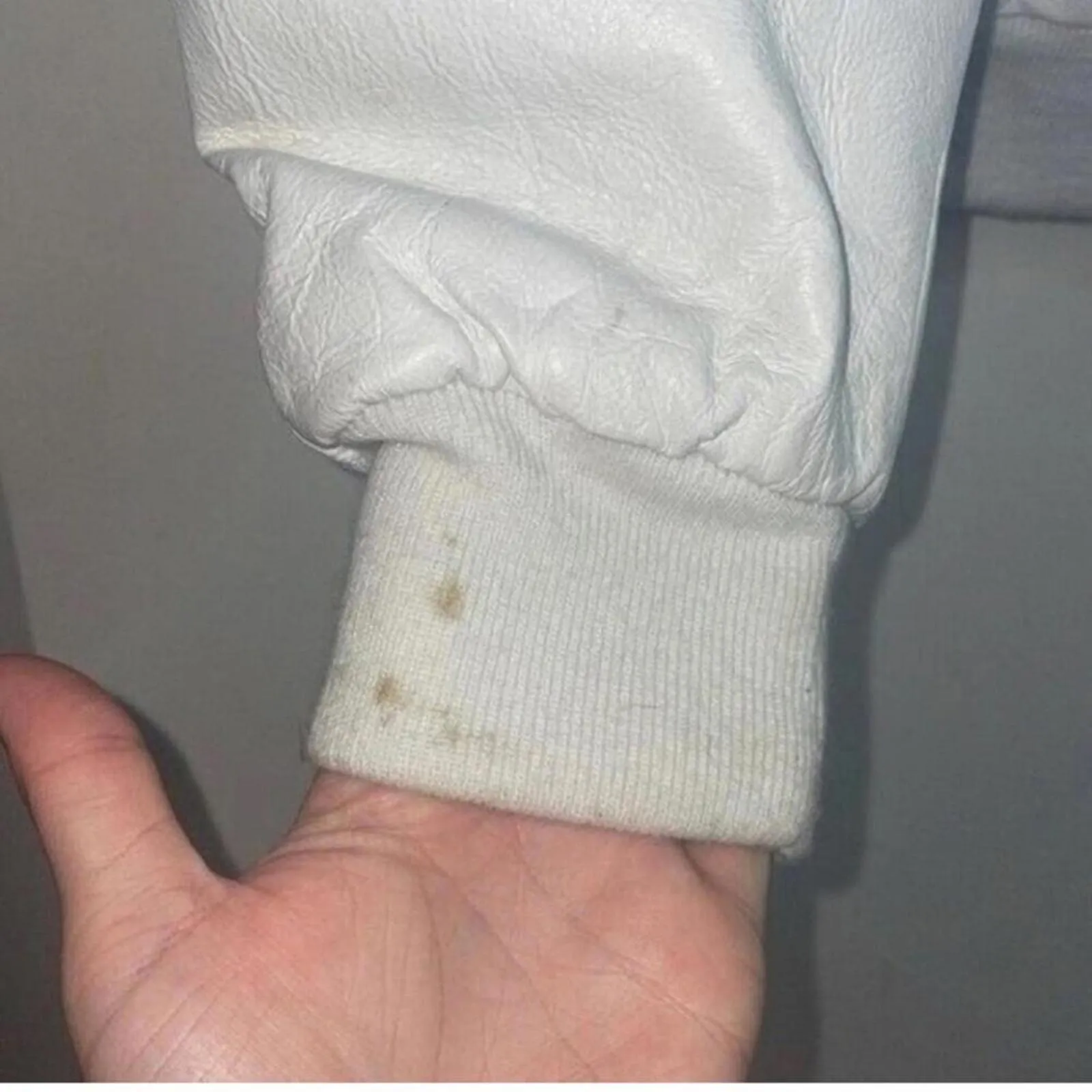 White 100% Leather Long Sleeve Bomber Jacket Faux Fur Hood Coat FLAWS Size L - Image 8