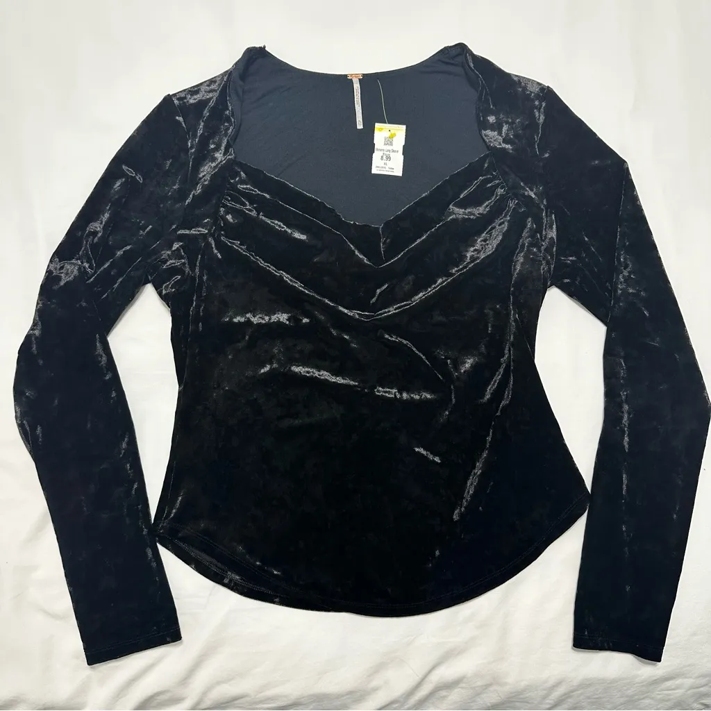 Free People Black Velvet Long Sleeve Top Cowl Neck Rounded Hem Size XL - Image 2